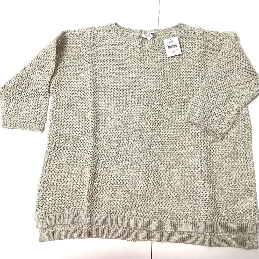 J. Jill Women's Crochet Linen Cotton Knit Tan Beige Sweater 3/4 Sleeve Size SP